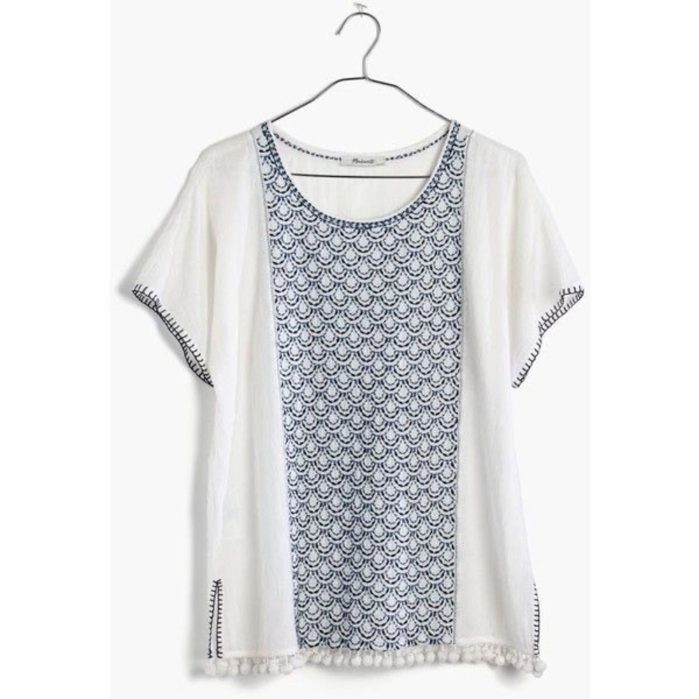 Madewell White Embroidered Pom Pom Top